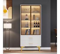 Elegante vitrina de cristal blanco con puertas color teal, patas doradas, estantes móviles, luz LED, armario alto (blanco + dorado)
