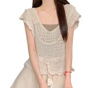 Elegante y cómoda blusa corta de punto de manga corta ahuecada que mejora tu parte superior personal, beige, Talla única