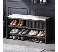 Elegante y moderno banco de almacenamiento de zapatos de madera con asiento de cuero acolchado, gris oscuro y blanco, 60 x 30 x 45 cm, solución para entrada y asiento, zapatero ideal para pasillo