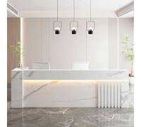 Elegante y moderno escritorio de recepción para oficinas, tiendas de ropa y salones de belleza, iluminación ambiental suave, diseño que ahorra espacio, elegante mostrador frontal para una mejor