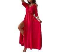 Elegante y Sexy Vestido de Cuello en V con Abertura Lateral para Mujer, Vestido con Cuello en V Profundo y Aberturas Laterales Sexy para Vestidos Largos (Rojo, L)