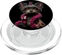 Elegante Yorkie Retrato Moda Perro Vino Rosa Gráfico Redondo PopSockets PopGrip para MagSafe