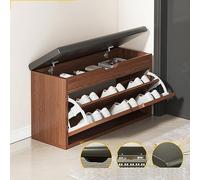 Elegante zapatero de roble con asiento, armario de almacenamiento independiente para entrada, puertas abatibles y estantes estrechos para una solución organizada de calzado para el hogar