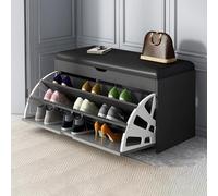 Elegante zapatero moderno con 3 cajones abatibles y asiento acolchado, banco de almacenamiento de entrada y caja elevadora, organizador de zapatos negro para dormitorio y pasillo, 60 x 30 x 51 cm