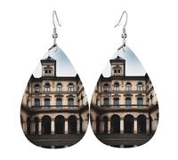 Elegantes aretes colgantes con estampado de arquitectura antigua para mujer, joyería ligera de cuero con forma de lágrima, perfectos para fiestas de moda