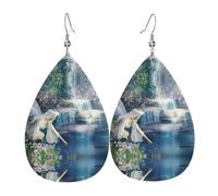 Elegantes aretes colgantes con estampado de hadas del lago para mujer, joyería ligera de cuero con forma de lágrima, perfectos para fiestas de moda