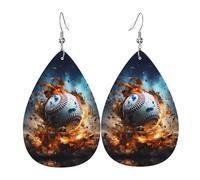 Elegantes aretes de cuero con estampado de béisbol para mujer, joyería colgante en forma de lágrima, accesorio ligero con purpurina, talla única, cuero, sin piedra preciosa, talla única, cuero, sin