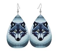 Elegantes aretes de cuero con estampado de cabeza de lobo feroz para mujer, joyería colgante en forma de lágrima, accesorio ligero con purpurina, talla única, cuero, sin piedras preciosas, talla única