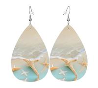 Elegantes aretes de cuero con estampado de estrella de mar de playa para mujer, joyería colgante en forma de lágrima, accesorio ligero con purpurina, talla única, cuero, sin piedras preciosas, talla