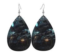 Elegantes aretes de cuero con estampado de robot futuro para mujer, joyería colgante en forma de lágrima, accesorio ligero con purpurina, talla única, cuero, sin piedras preciosas, talla única, cuero