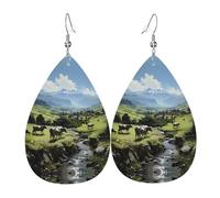 Elegantes aretes de cuero con estampado de vacas de granja alpina para mujer, joyería colgante en forma de lágrima, accesorio ligero con purpurina, talla única, cuero, sin piedras preciosas, talla
