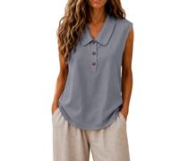 Elegantes Blusa Sin Mangas Mujer Algodón y Lino Verano 2026 S-3XL,Top Holgado Transpirable Blusas Casual Color Sólido Cuello Peter Pan Media Solapa con Botones,Camisa Prenda Versátil para Oficina