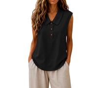 Elegantes Blusa Sin Mangas Mujer Algodón y Lino Verano 2026 S-3XL,Top Holgado Transpirable Blusas Casual Color Sólido Cuello Peter Pan Media Solapa con Botones,Camisa Prenda Versátil para Oficina