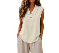 Elegantes Blusa Sin Mangas Mujer Algodón y Lino Verano 2026 S-3XL,Top Holgado Transpirable Blusas Casual Color Sólido Cuello Peter Pan Media Solapa con Botones,Camisa Prenda Versátil para Oficina