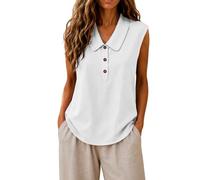Elegantes Blusa Sin Mangas Mujer Algodón y Lino Verano 2026 S-3XL,Top Holgado Transpirable Blusas Casual Color Sólido Cuello Peter Pan Media Solapa con Botones,Camisa Prenda Versátil para Oficina