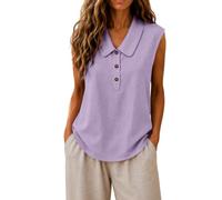 Elegantes Blusa Sin Mangas Mujer Algodón y Lino Verano 2026 S-3XL,Top Holgado Transpirable Blusas Casual Color Sólido Cuello Peter Pan Media Solapa con Botones,Camisa Prenda Versátil para Oficina