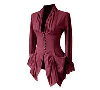 Elegantes blusas de esmoquin para mujer, camiseta renacentista, vintage, steampunk, camisa gótica, blusa medieval retro con ribete de encaje, túnica irregular, parte superior con cuello en V, Vino, XS