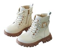 Elegantes botines de cuero para niñas, diseño clásico británico, suela suave, calzado cómodo para niños pequeños y niños grandes, zapatos escolares duraderos para el colegio (beige, 6,5-7 años)