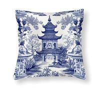 Elegantes fundas de almohada de 61 x 61 cm, estilo chinoiserie azul, pagoda asiática, decoración de granja, fundas de almohada cómodas, fundas de almohada de porcelana china blanca de satén para banco