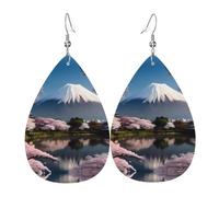 Elegantes pendientes colgantes con estampado de Monte Fuji a principios de primavera para mujer, joyería ligera de cuero con forma de lágrima, perfectos para fiestas de moda