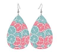 Elegantes pendientes colgantes con estampado de rodajas de cítricos rosa y azul para mujer, joyería ligera de cuero con forma de lágrima, perfectos para fiestas de moda
