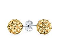 Elegantes Pendientes De Botón Redondos De 8 MM De Plata Esterlina .925 Con Cristales Brillantes De Discoteca En Pavé Dorado Para Mujeres Adolescentes