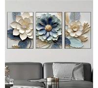 Elegantes pósteres florales en lienzo azul y dorado, impresiones artísticas de pared para sala de estar, dormitorio, hogar, mural decorativo de pared, 50 x 70 cm x 3, sin marco