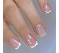 Elegantes Purpurinas Blancas Cuadradas A Presión En Las Uñas 24 Piezas Diseño Francés Corto Materiales ABS Artificiales Para Mujeres Fiesta Uso Diario Punta Francesa Postizas