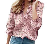Elegantes Rüschenoberteil für Damen, kurzes, einfarbiges Sommer-T-Shirt mit V-Ausschnitt, lässige Damenbluse, Rosa, S