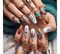 Elegantes uñas de almendra a presión con patrones florales coloridos, 24 piezas de cubiertas completas artificiales adhesivas