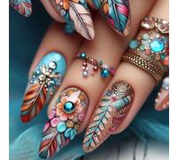 Elegantes uñas postizas a presión con diseño floral de almendra con diamantes de imitación, para mujeres y niñas, 24 unidades