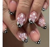 Elegantes uñas postizas a presión negras con diseño de flores 3D, para invierno, perfectas para ocasiones especiales