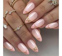 Elegantes uñas postizas a presión para bodas, fiestas, con forro de oro francés, puntas de almendra, delicadas decoraciones, uñas artificiales, elegantes uñas en forma de almendra
