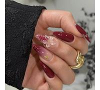 Elegantes uñas postizas con forma de almendra con intrincado tallado de flores, color rojo vino, juego de uñas postizas ABS ligeras con tallado