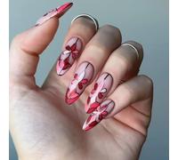 Elegantes uñas postizas ovaladas con patrón floral y bordes dorados, uñas postizas a presión, adecuadas para eventos