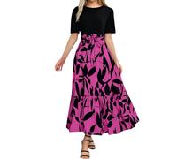 Elegantes vestidos de verano 2025 estampado floral envoltura manga corta vestido maxi patchwork dobladillo con volantes vestido de línea A vestido con purpurina pantalones cortos, Rosa intenso., S