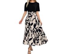 Elegantes vestidos de verano 2025 estampado floral envoltura manga corta vestido maxi patchwork dobladillo con volantes vestido de línea A vestido con purpurina pantalones cortos, beige, S