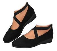 Elegantes zapatos de cuña baja con correa elástica de color liso, bailarinas de piel de ante con soporte ortopédico cerrado para mujer, cómodos zapatos de mujer Slip-on, Negro , 41 EU