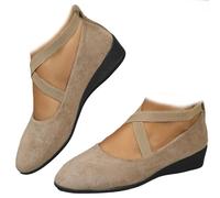 Elegantes zapatos de cuña baja con correa elástica de color sólido, soporte de arco ortopédico cerrado para mujer, cómodos mocasines vintage para mujer, Khaki, 37 EU