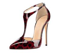 Elegantes Zapatos de Tacón Alto con Punta Puntiaguda y Tira en T para Mujer Moda con Punta Cerrada y Tira en el Tobillo Sexys Tacón de Aguja Cómodos para Bailes Graduación,Leopard Print a,37 EU