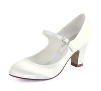 Elegantpark HC1801 Mary Jane Zapatos Nnovia Mujer Cerrado Punta Zapatos Tacón Alto Bloque Boda Hebilla Satén Zapatos para Novia Boda Marfil EU 39