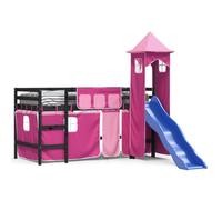 Eleganz Cama alta para niños con torre rosa de 90 x 190 cm de madera maciza de pino, cama alta duradera con tobogán para habitación infantil, construcción estable para seguridad y diversión