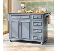 Eleganz Isla de cocina compacta para apartamentos pequeños, 110 cm, plegable, 45 - 75 cm, ajustable en 3 niveles, 2 cajones, cierre suave, diseño vintage azul, perfecta para estudios y apartamentos