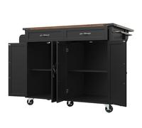 Eleganz Isla de cocina de 140 cm con 8 compartimentos de almacenamiento, extensible 45-73 cm, 5 ruedas giratorias 360°, 2 cajones y 2 armarios, grano de madera negro, capacidad de carga de 75 kg