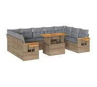 Eleganz Juego de 10 sofás de jardín con cojines, muebles de ratán sintético para terraza y balcón, color beige, resistente a la intemperie y cómodo, estructura de madera de acacia, salón exterior
