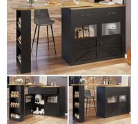 Eleganz Mesa de bar extensible 138 - 204 x 39 x 104 cm con función giratoria 360° | Mesa alta negra con puertas acrílicas y estantería de 3 niveles, mesa alta isla de cocina para oficina en casa y bar