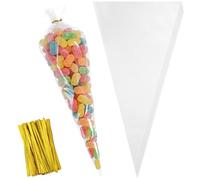 Elegaperma 200 bolsas de puntiagudas transparentes, bolsas puntiagudas para dulces, 16 x 30 cm, bolsas para caramelos con cintas doradas, bolsas triangulares para palomitas de maíz para fiestas, bodas
