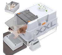 ELEGX Caja de arena extragrande de acero inoxidable con control de olores de 28 pulgadas de largo x 20 pulgadas de ancho x 17 pulgadas de alto, juego de caja de arena de metal grande 4 en 1 para gatos