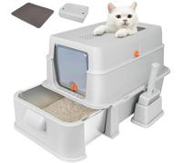 ELEGX Caja de arena para gatos de acero inoxidable extragrande de 24 pulgadas de largo x 16 pulgadas de ancho, con control de olores, juego de caja de arena de metal para gatos XL grande 4 en 1