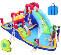 ELEMARA Casa Inflable con tobogán de Agua, Parque acuático Inflable 10 en 1 con Ventilador, 2 toboganes y 2 Paredes de Escalada y 2 Pistolas de Agua, Piscina Gigante, tobogán